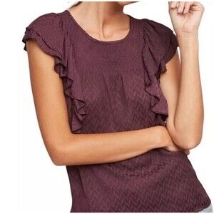 Meadow Rue Anthropologie Shirt Women Size 6 Plum Majolica Flutter Smocked Top